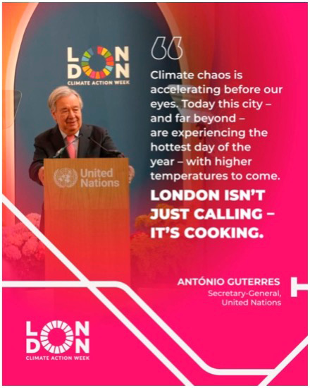 Una persona adulta in abito formale parla al podio delle Nazioni Unite durante la Settimana d'Azione per il Clima di Londra con una citazione sul cambiamento climatico e il riscaldamento globale.

Descrizione generata da AI