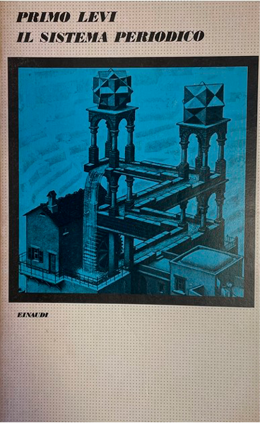 Copertina di un libro con il titolo "Il sistema periodico" di Primo Levi e un'illustrazione in stile Escher che mostra una struttura architettonica impossibile con scale e colonne.

Descrizione generata da AI