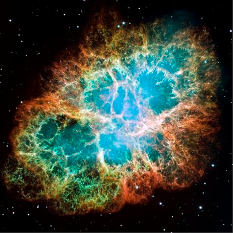 Nebulosa colorata con filamenti luminosi di gas e polveri nello spazio profondo su sfondo nero stellato.

Descrizione generata da AI