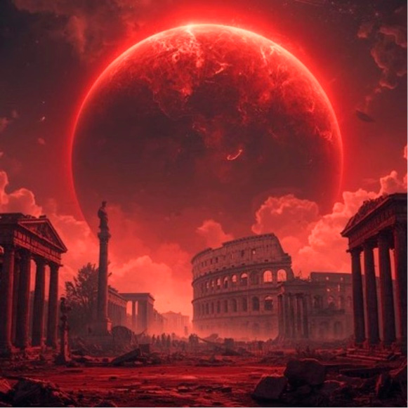 Rovine antiche con colonne e un anfiteatro sotto un enorme pianeta rosso infuocato nel cielo notturno.

Descrizione generata da AI