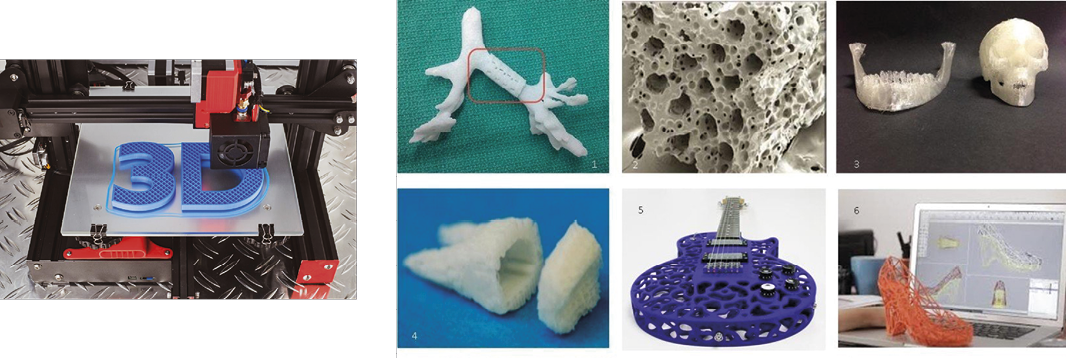 Macchina per stampa 3D che crea un oggetto blu con la scritta 3D e varie immagini di modelli stampati in 3D tra cui strutture anatomiche, una chitarra e un oggetto arancione davanti a un computer.

Descrizione generata da AI