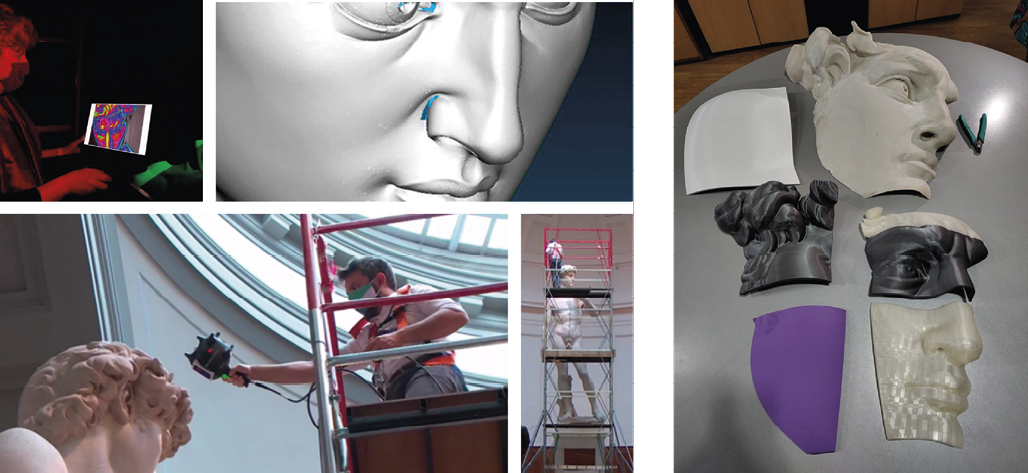 Una serie di immagini mostra persone che scansionano e ricostruiscono digitalmente e fisicamente un volto scolpito in marmo, con dettagli di modellazione 3D e parti della scultura smontate su un tavolo.

Descrizione generata da AI