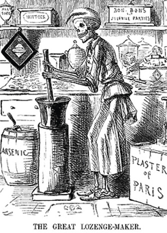 A skeleton is dressed as a sweetmaker, surrounded by tubs and boxes labelled "plaster of Paris", "arsenic", etc.