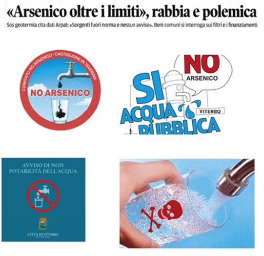 Manifesti e simboli che denunciano la presenza di arsenico oltre i limiti nell'acqua pubblica con messaggi di allarme e richieste di acqua sicura a Viterbo.

Descrizione generata da AI