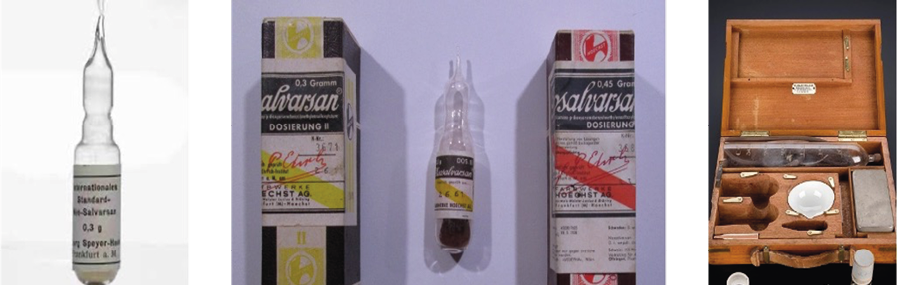 Tre diverse confezioni di farmaci in vetro e una valigetta medica aperta con strumenti sanitari disposti all'interno.

Descrizione generata da AI