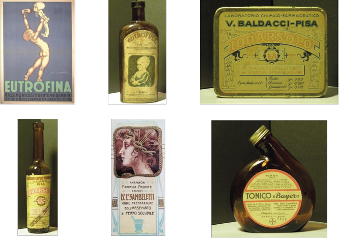 Manifesto pubblicitario e varie bottiglie e confezioni vintage di prodotti farmaceutici o cosmetici con etichette in italiano.

Descrizione generata da AI
