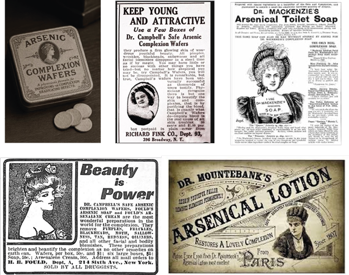 Quattro pubblicità vintage di prodotti cosmetici a base di arsenico con illustrazioni di persone e descrizioni promozionali.

Descrizione generata da AI